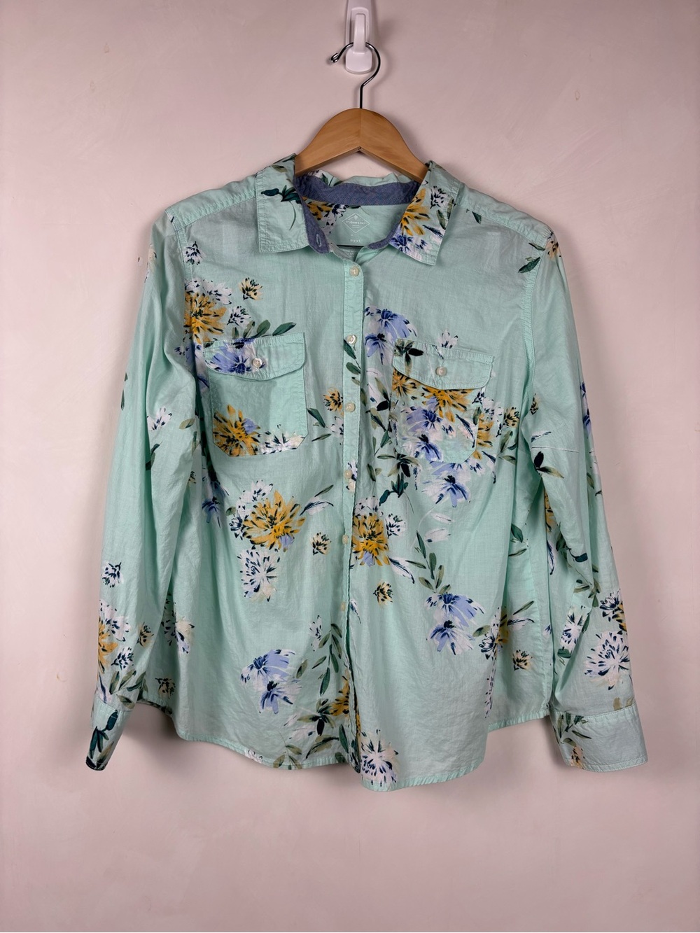 St. John's Bay Women's Mint Pastel Green/Blue Floral Cotton Button Up Shirt PXXL